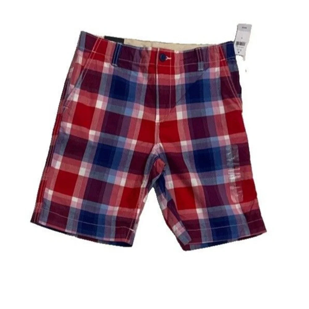 Gap Kids Chino Shorts Boys 14 Red/White/Blue Plaid Flat Front Adjustable Waist